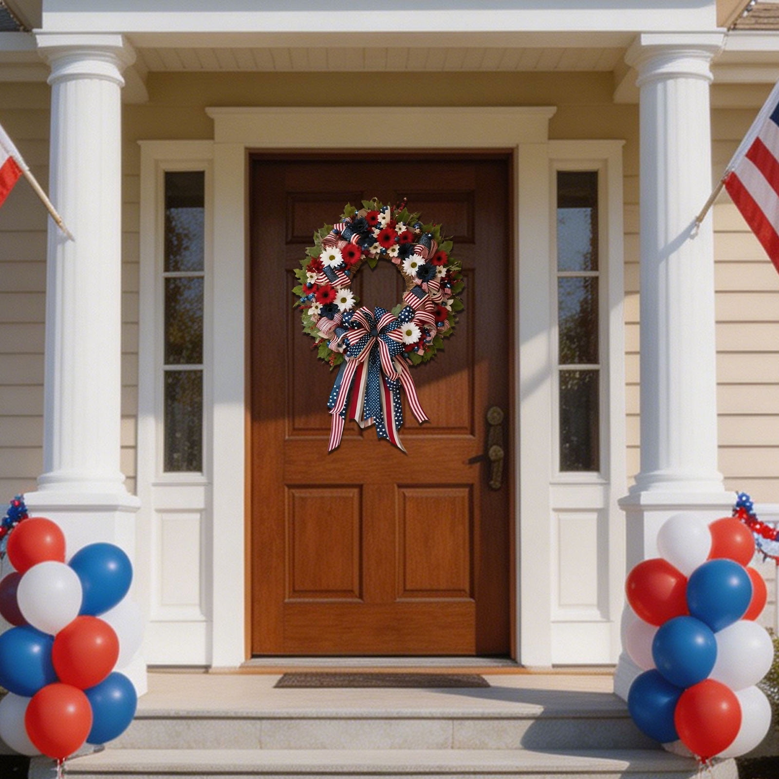 Leutsin Patriotic Wreath for Front Door, Red White Blue Floral American Flag Wreath with Ribbon Bow, 4th of July Wreath for Independence Day 250th Anniversary Home Wall Window Porch Decor