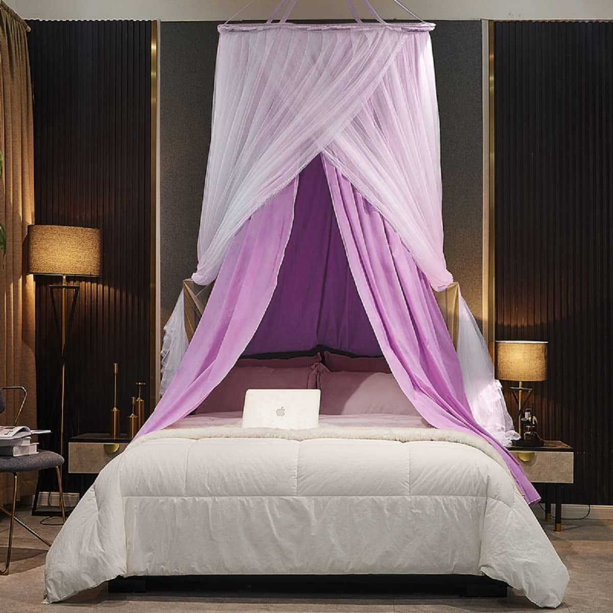 Luxurious Bed Canopy for Girls & Adults - Double Layer Princess Canopy with Lace, Round Dome Mosquito Netting for Queen/King Bed Tent (Purple)
