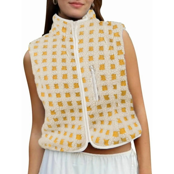 Women Checkered Vest Sleeveless Winter Fleece Jacket High Neck Zip Up Plaid Gilet with Chest Pocket Yellow L