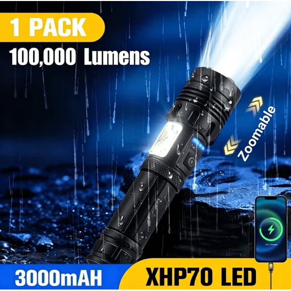 YTAKY Flashlight, 100000Lumens , 3000mAh USB Rechargeable IPX6 Waterproof, Super Bright XHP70.2 Flashlight,Zoomable Handheld Torch for Hiking Hunting Camping