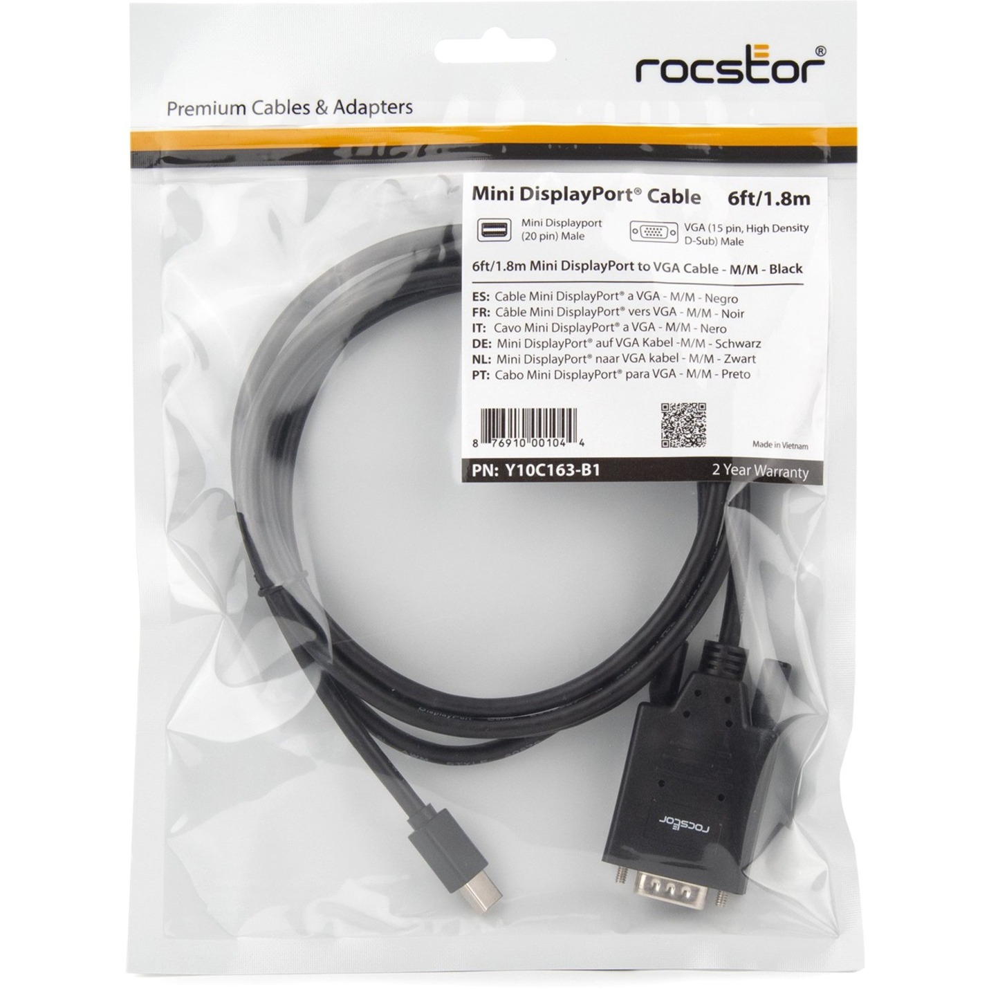 Rocstor Y10C163-B1 6Ft Mini Displayport To Vga M/M Hd-15 Male Cable Gold Plated
