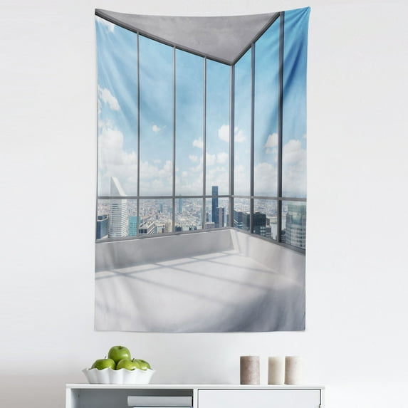 Cityscape Tapestry, Cityscape Office with Big Windows Clear Sunny Sky View Photograph Print, Fabric Wall Hanging Decor for Bedroom Living Room Dorm, 5 Sizes, Sky Blue Grey and White, by Ambesonne