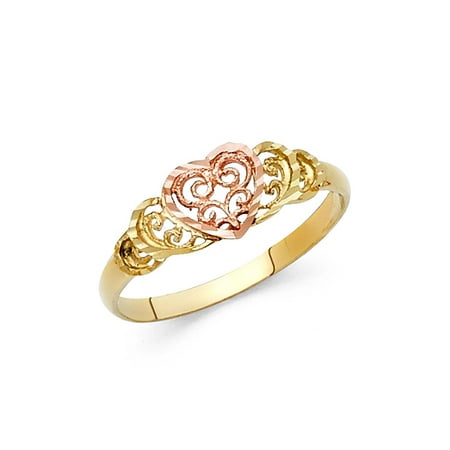 Heart Design Ring - Ladies 14K Solid Yellow Gold 7mm Two Tone Fancy Designed Heart Ring, Size 4
