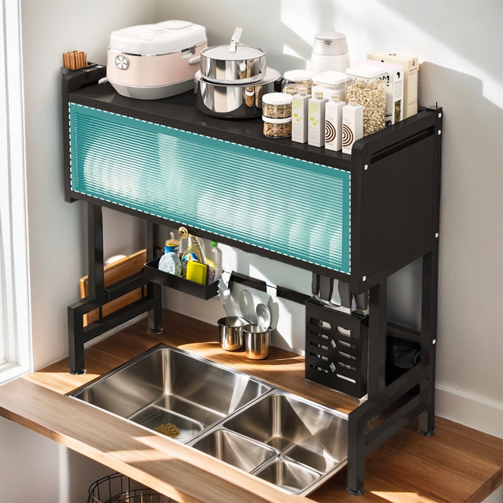 3-Tier Dish Drying Rack, 33.5" Over Sink Dish Rack for Small Kitchen, Space-Saving Dish Rack with Cover, Baskets, Utensil, Large Sink Storage Organizer Black