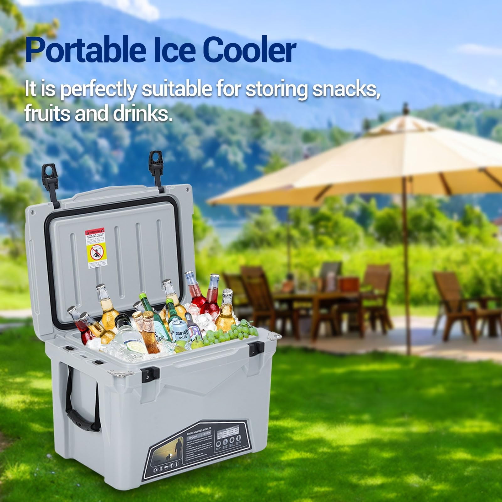 35 Quart Portable Ice Cooler, Heavy Duty Ice Chest with Portable Cup Holder, Fish Ruler, Bottle Openers, Camping Cooler for Beach Boat ,Cold Grey