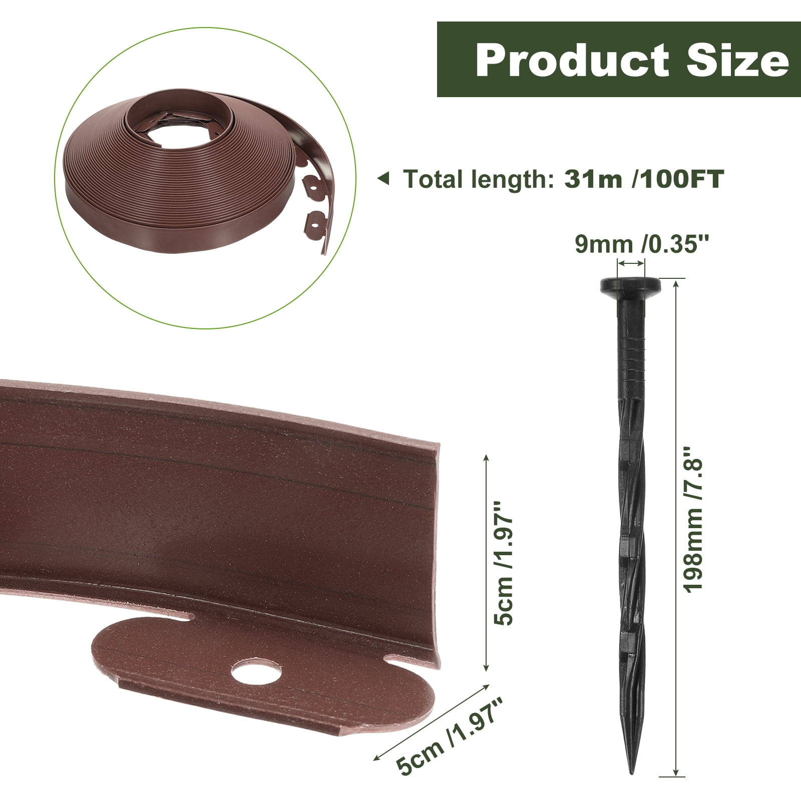 Uxcell Landscape Edging, 1Pcs 100FT x 2" Garden Edging Kit with 93 Stakes for Garden Lawn Flower Bed (Brown)
