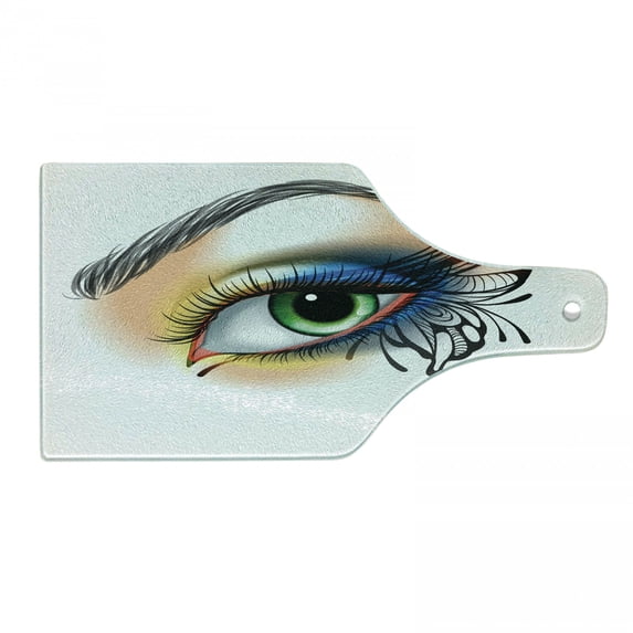 Eye Cutting Board, Fantasy Woman's Eye Make up Butterfly Wing Vibrant Colors Eyelashes Female Looking, Decorative Tempered Glass Cutting and Serving Board, Wine Bottle Shape, Multicolor, by Ambesonne