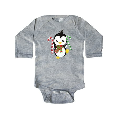 

Inktastic Cute Penguin Penguin With Candy Cane And Scarf Gift Baby Boy or Baby Girl Long Sleeve Bodysuit
