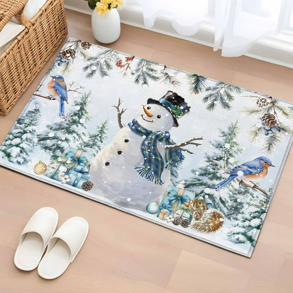 Blue Snowman Christmas Bathroom Rug Washable 2x3 Entryway Rug Non Slip Xmas Tree Snowflake Gifts Pine Cones Front Door Mat Low Pile Indoor Doormat Throw Floor Carpet for Kitchen Bedroom Entrance