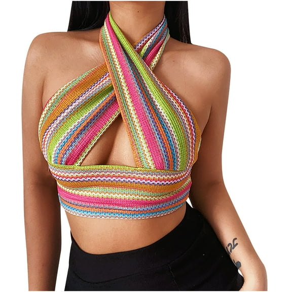 Ichuanyi Womens Tops Summer Ladies Color Striped Sleeveless Sexy Halter Halter Slim Knit Cross Top