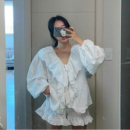 

CoCopeaunt Womens Pajamas Set Big Lace V-neck Pajama Sets Tops+Shorts.Vintage Ladies Girl Ruffles Linen Pyjamas Set Summer Home Sleepwear