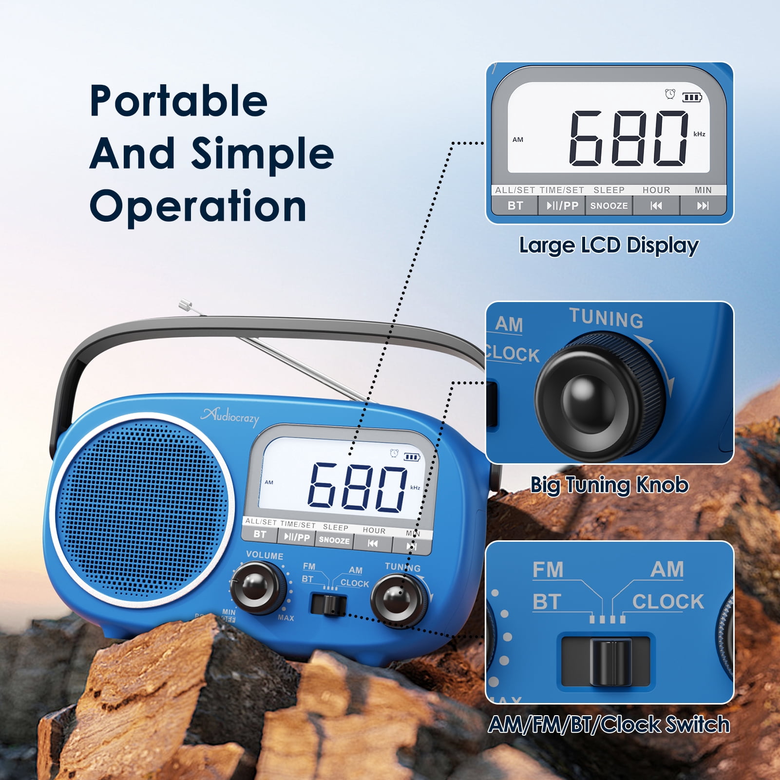 Portable AM FM Rechargeable Radio with Best Reception, Digital Time/Station Display,AC Power or Battery Power Radio with Bluetooth Speaker for Home/Kitchen/Outdoor Blue