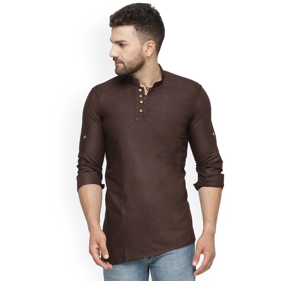 eloria Indian Traditional Brown Thread Work Solid Cotton Blend Kurta For Men's