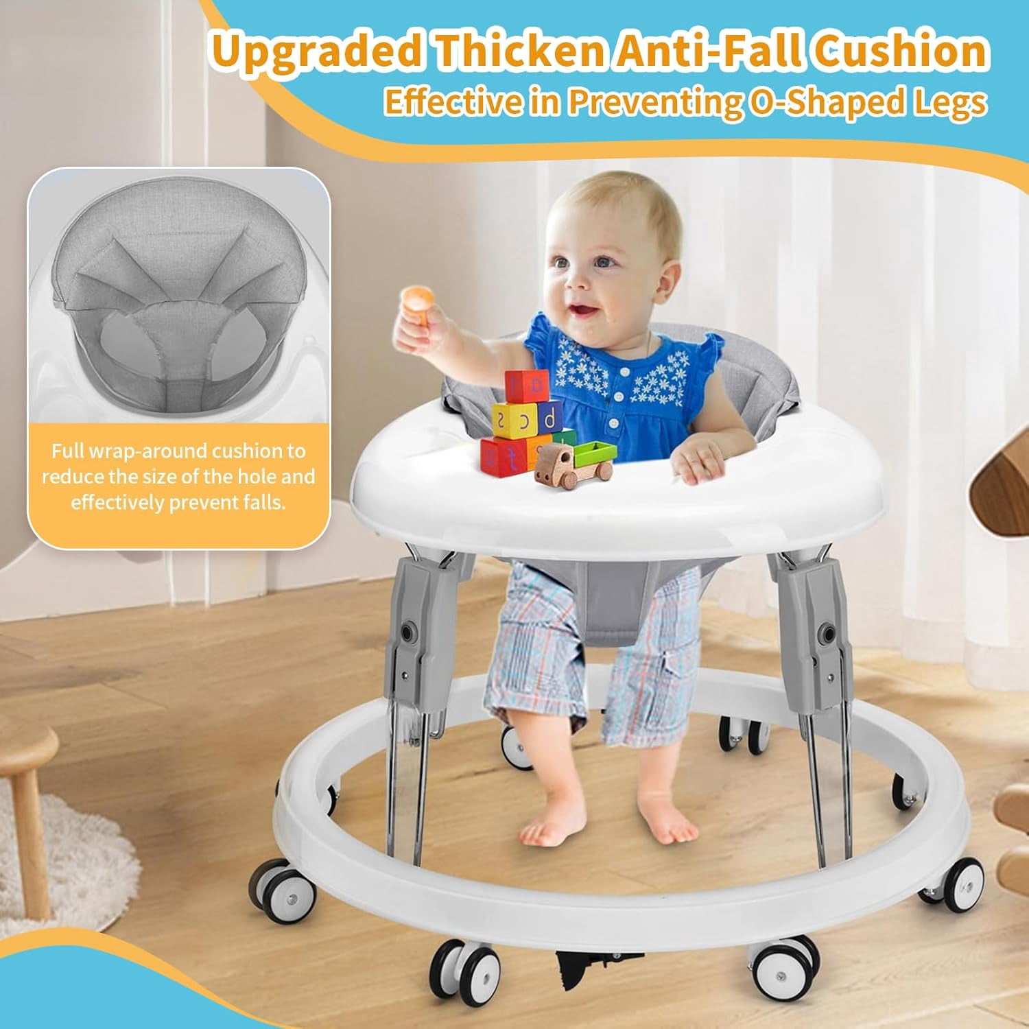 PRVAETU Foldable Baby Walker with Wheels,Height Adjustable,Large Dining Tray,Dust-Resistant Foot Pad,for 6-18 Months Infant,Grey