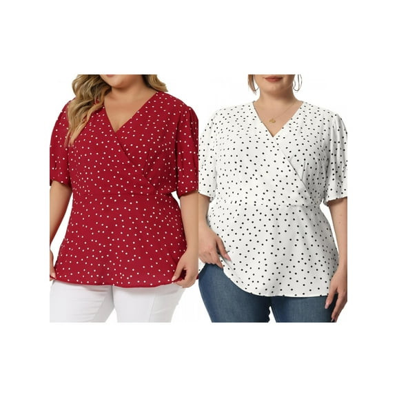 NOMADIC NOOK Women's Plus Size 2 Pieces Polka Dots Blouses Summer V Neck Button Front Pleated Short Sleeve Wrap Peplum Top 1X Red/White