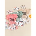 thumbnail image 4 of Aojekbee Baby Girl Summer Set, Letter Print Short Sleeve Ribbed Romper Floral Shorts Bow Headband Infant Toddler 3 Piece Outfits, 4 of 10