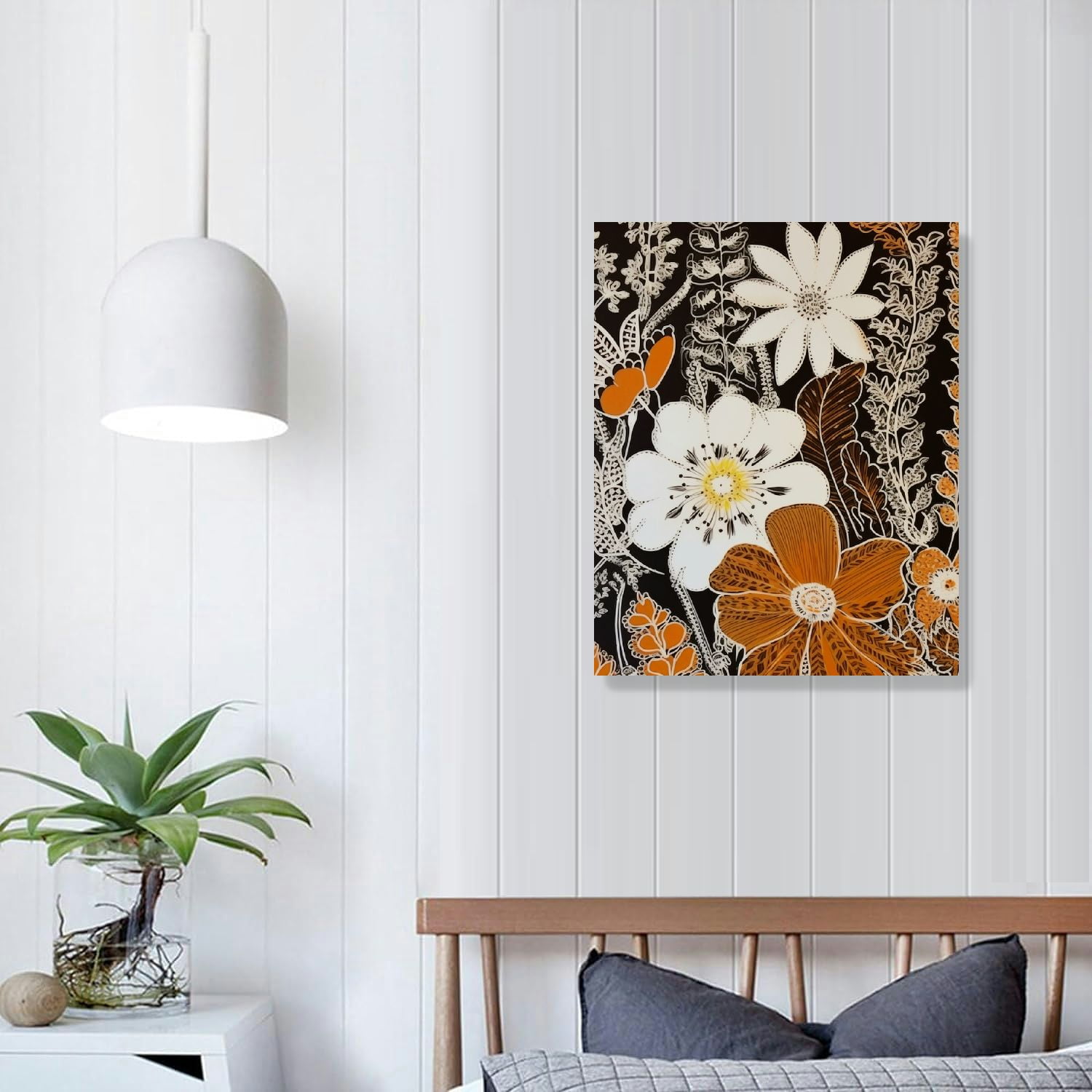 EastSmooth Farmhouse Botanical Floral Wall Decor Beige Flower Plant Wall Decor Canvas Painting, Minimalist Boho Wall Art for Living Room Bedroom Kitchen, Vintage Bathroom Decor Wall Art