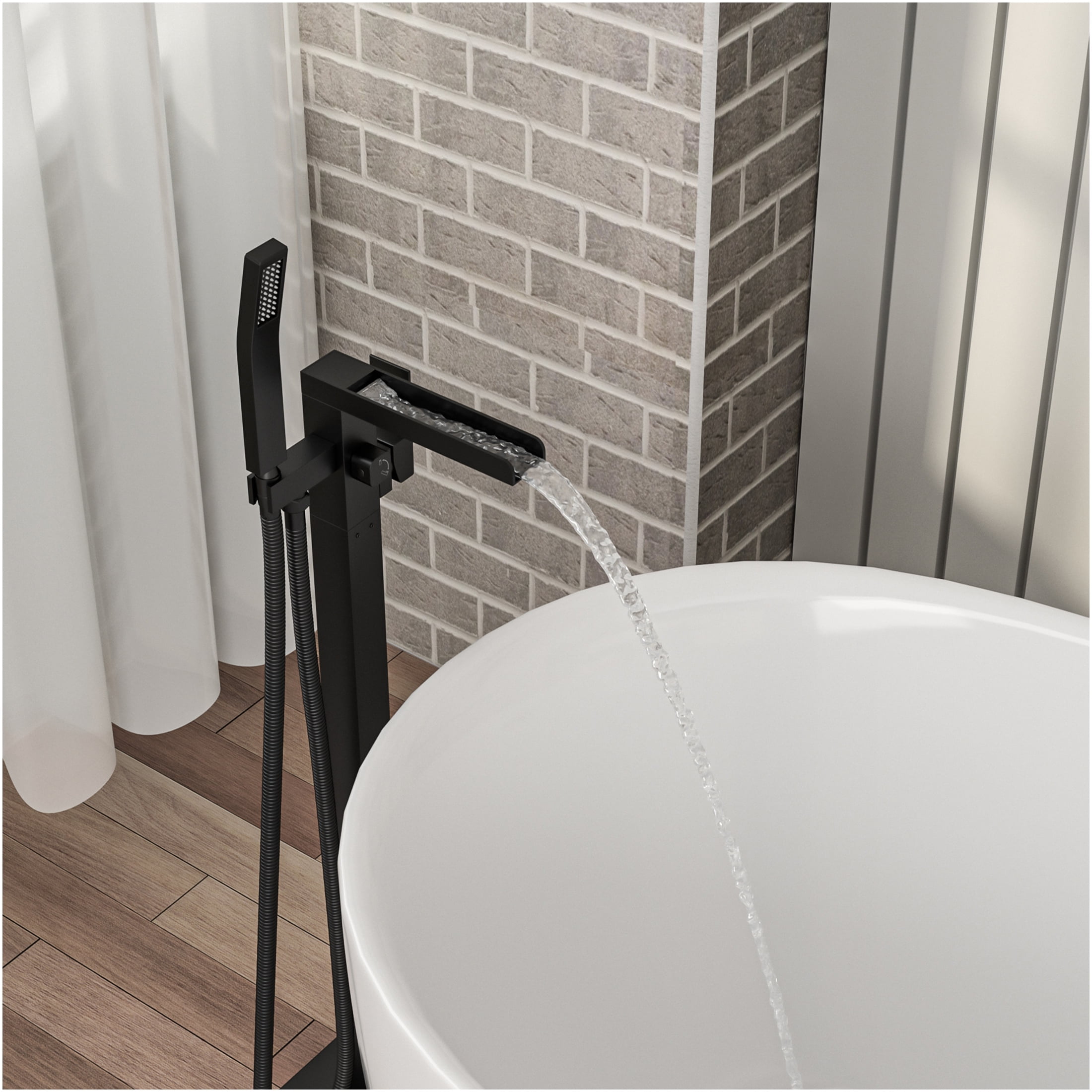 JERFIT Floor Mounted Tub Filler with Hand Shower, 360° Rotatable Matte Black Waterfall Spout, Solid Brass Freestanding Bathtub Faucet for Modern Bathroom