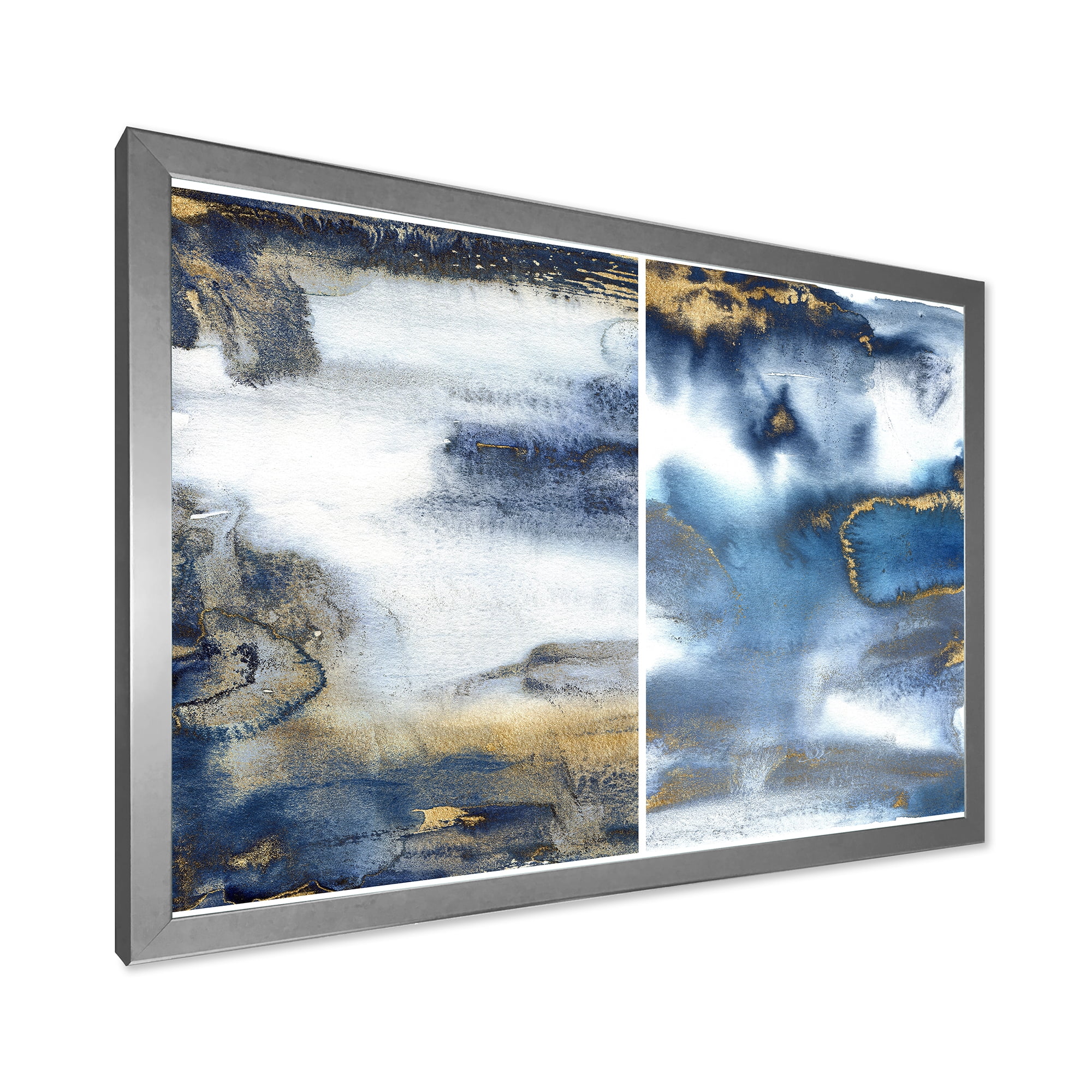 Designart 'Gold and Dark Blue Abstract Waves I' Modern Framed Art Print