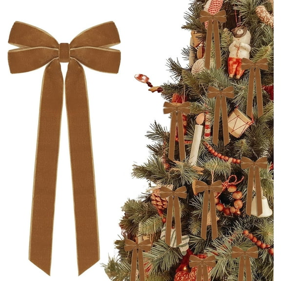 TETOU 12Pcs Brown Velvet Ribbon Christmas Bows Decorations,5x10 Inch Xmas Bows Ornaments for Christmas Tree Home Party Staircase Door Wreath Garland Holiday Decor