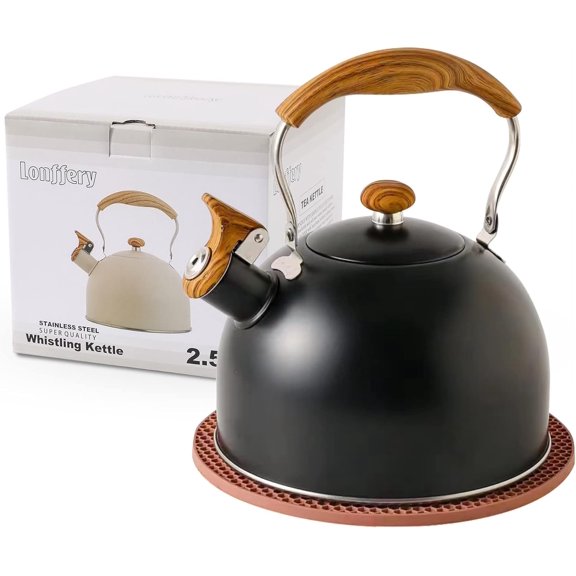 Tea Kettle for Stove Top, 2.5 Quart Whistling Tea Kettle, with Food Grade Stainless Steel and Wood Pattern Folding Handle, Creamy White