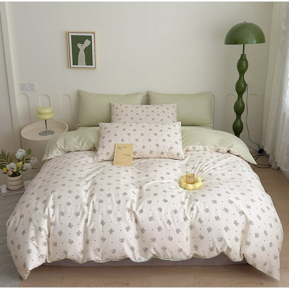 3 Pieces Spring Green Floral Cotton Duvet Cover Set Botanical Fresh Yellow Flowers Green Hearts Print Bedding Set with Zipper Closure Corner Ties,Queen Size