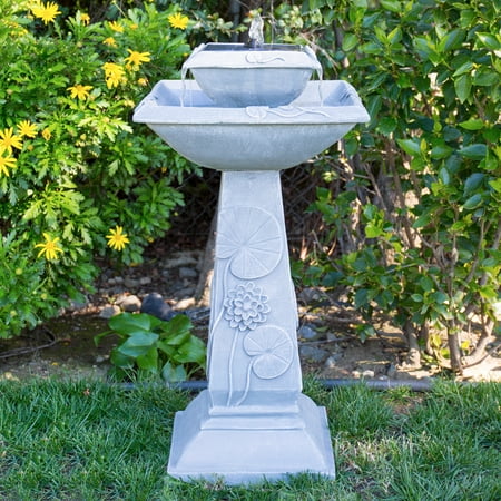 Copper Solar Birdbath Fountain - Best Choice Products 2-Tier Outdoor Pedestal Solar Bird Bath Fountain Decoration w/ LED Lights, Integrated Panel, Engraved Flower Accents for Lawn and Garden - Gray