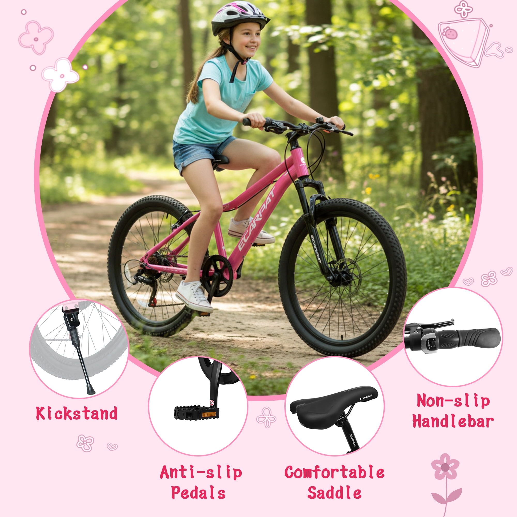 Ecarpat 24 Inch Mountain Bike for Women Girls, 7-Speed Front Suspension Teenagers Bikes for 9+ Years. Children Bicycle Suitable for 4'5"-5'5" Height Rider.