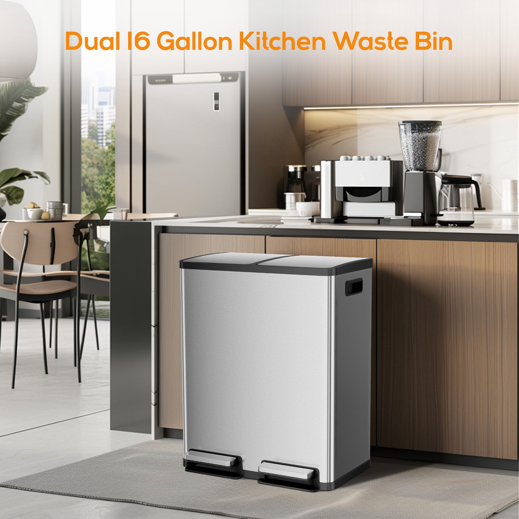 Kitchen Trash Can, 16-Gallon Stainless Steel Dual Compartment Garbage Bin with Soft-Close Foot Pedal and Removable Inner Buckets for Kitchen & Office
