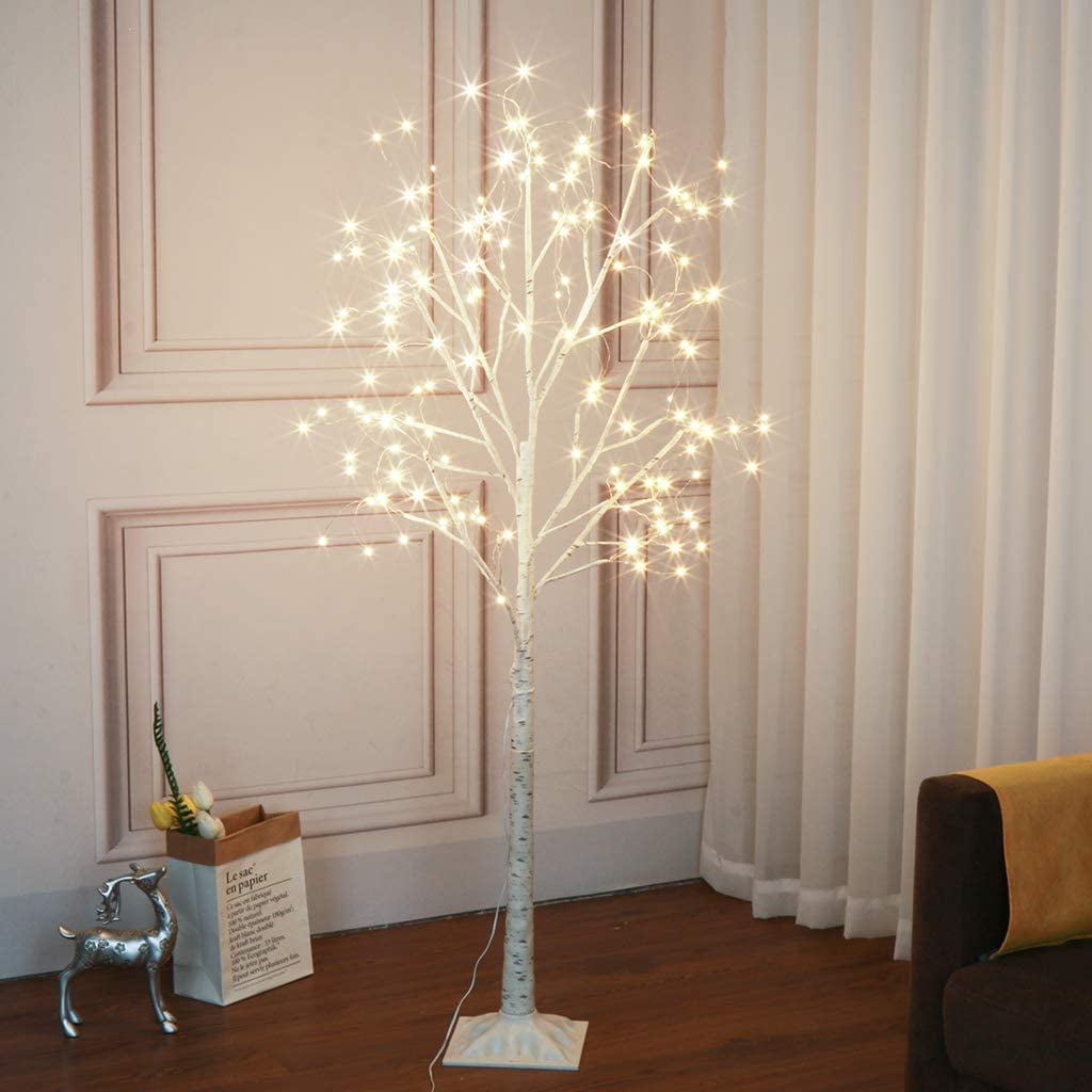 Lighted Birch Tree, White Birch Tree with LED Lights, 6FT Snowflake Christmas Tree with 96 LED