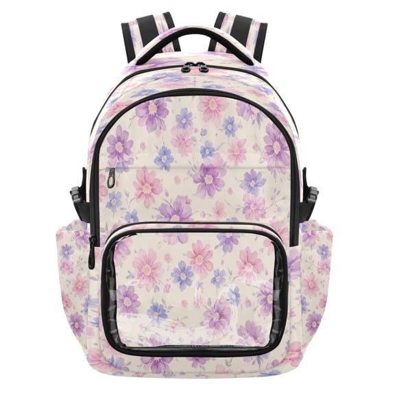 Qxltty Delicate Floral Backpack School Bookbag with Clear PVC Front Pocket, Laptop Compartment, Water Resistant Travel Daypack for Students