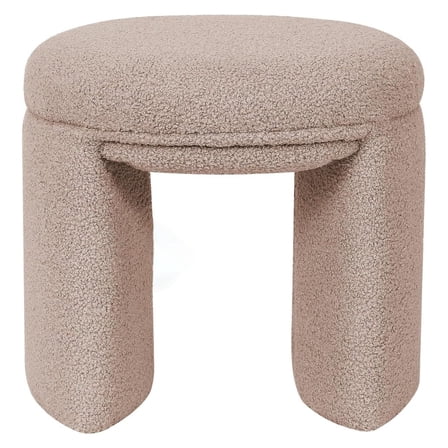Boucle Ottoman, Round Vanity Stool Chair, Small Upholstered Modern Teddy Footstool for Makeup, Living Room, Entryway, Bedroom, Dark Beige