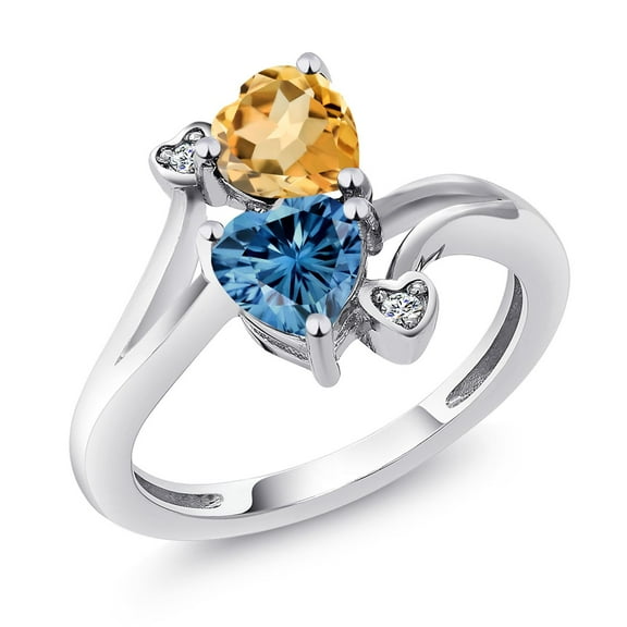 Gem Stone King 925 Sterling Silver Yellow Citrine Persian Blue Moissanite and White Diamond Ring for Women (1.48 Cttw, Heart Shape 6MM, Gemstone November Birthstone, Size 8)