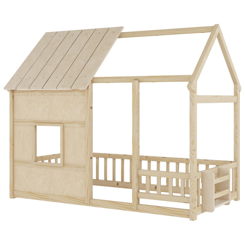 Bellemave Twin Size Montessori Bed with LED Light and Rails, House Floor Bed with Bookshelf, Wood Playhouse without Slats,Natural