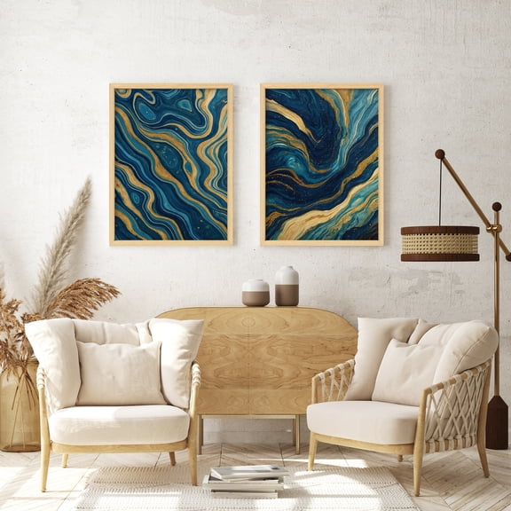 Framed Print Wall Art Set of 2 - Abstract Fluid Waves Poster Art - 2 Pieces Modern Wall Decor for Living Room - 12"x16"x2 Natural