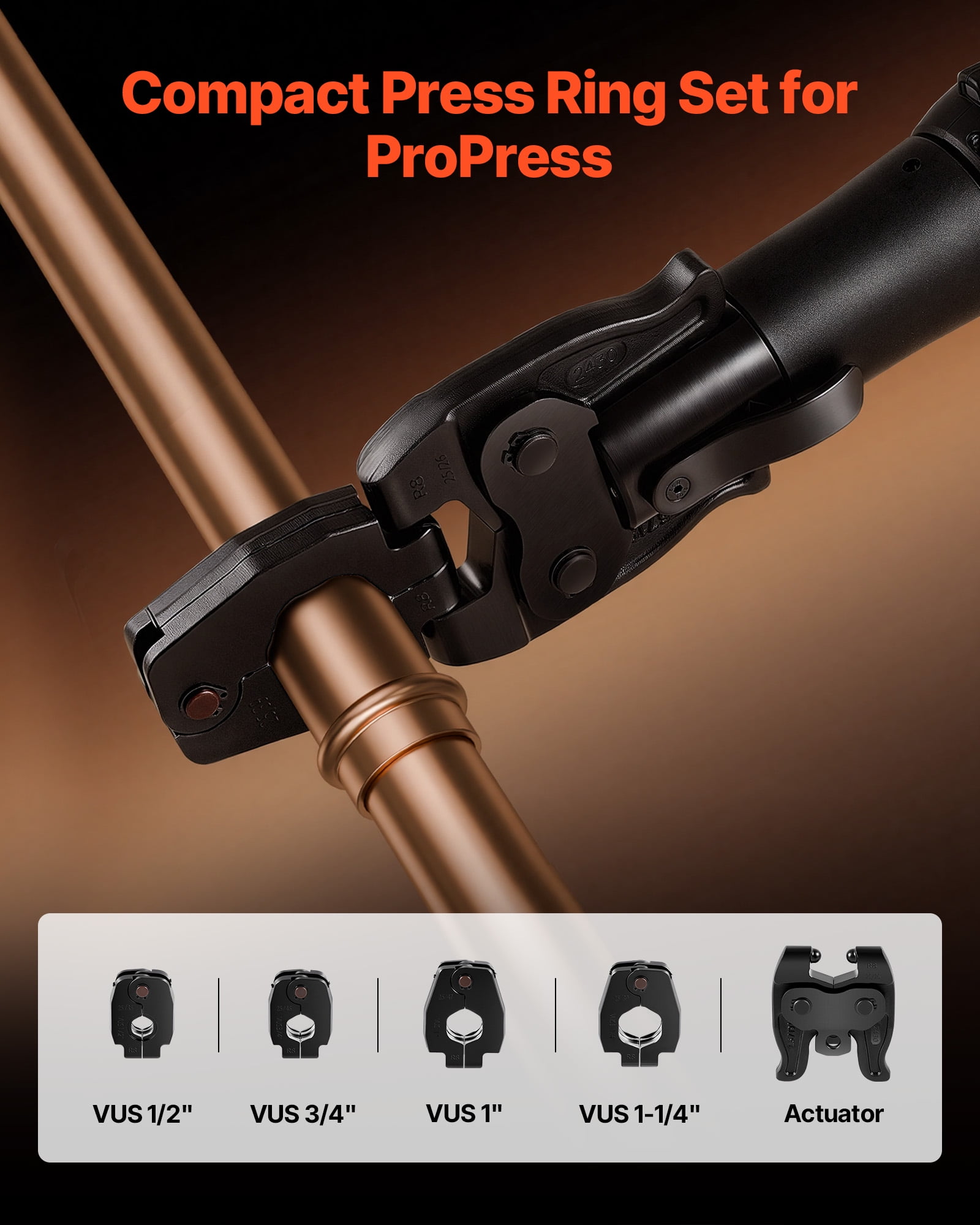 VEVOR 5PCS ProPress Pressing Kit, 4PCS Press Rings (1/2" to 1-1/4") & R8 Actuator for ProPress Copper Pipes, Compatible with 24KN Compact Series Press Tools for 180° Operation - with Case