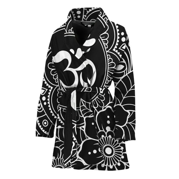 Black And White Om Women Bathrobe One Size Univeral Fits Fashion Lightweight Plush Fleece Long Robe For Women