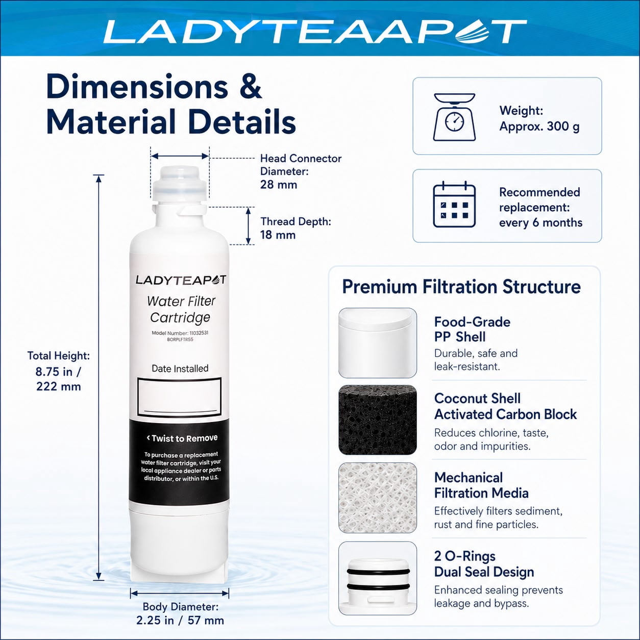 LADYTEAPOT 12033030 Replacement for Bosch® UltraClarity® Pro BORPLFTR50, 11032531 Refrigerator Water Filter, Compatible with 11025825, BORPLFTR55, B36CD50, B22CS50, B36FD50SNS, B36CT80SNS ( 3 Pack )