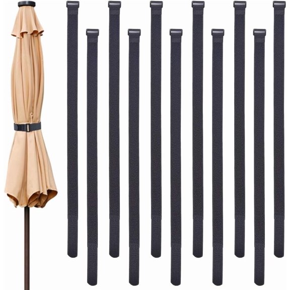 12Pcs 63CM Umbrella Down Straps Black Securing Fixed Strap Multipurpose Reusable Self Adhesive Adjustable Patio Parasol Stabilizer Wind Tie Strap for Large Outdoor Umbrella Accessories