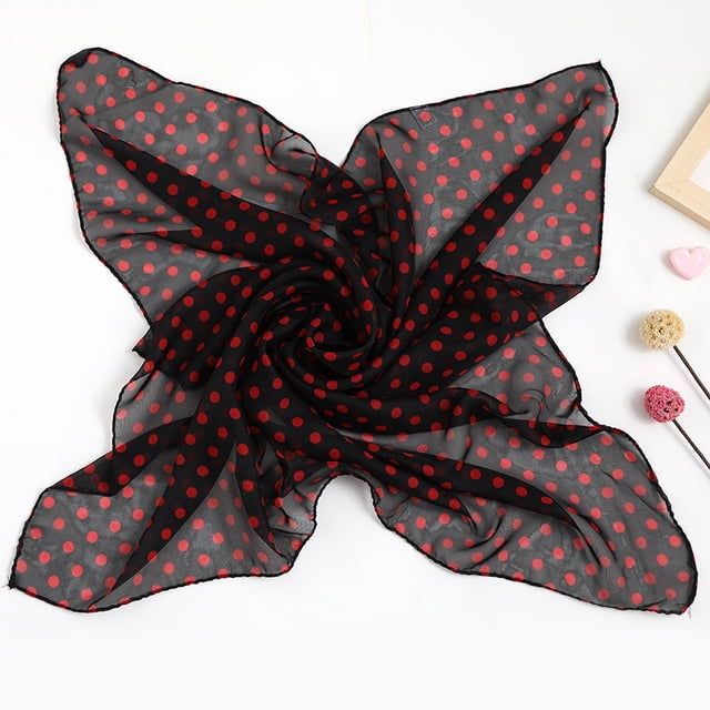 Xiao Hua Elegante bufanda personalizada, cuadrada de gasa, de seda sintética, con lunares pequeños y decorativos (negro y rojo)