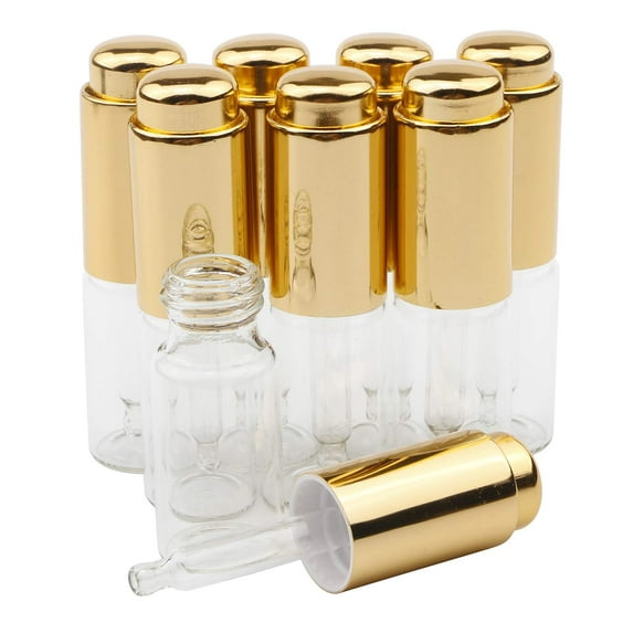 8Pcs 10ml Clear Press Dropper Bottles, Empty Refillable Essential Oil Bottles Container Perfume Cosmetic Bottle Travel Pressing Dropper Bottle, Gold Cap