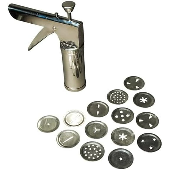 Stainless Steel Sev Maker Press – Multipurpose Kitchen Tool for Noodles, Murukku, Chakli, Gathiya & Namkeen Snacks – Manual Sancha Sevaiya Maker with Multiple Discs – Silver Finish