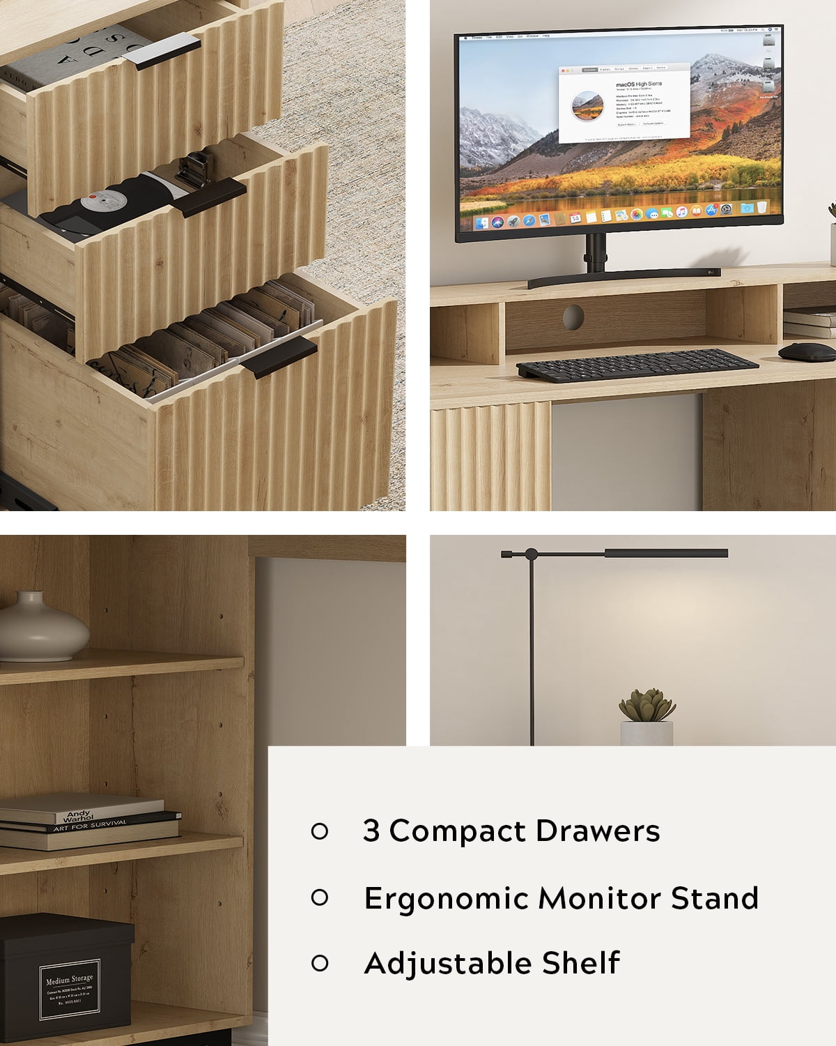 Joyyskill 55'' Fluted Executive Desk with Drawers, Modern Home Office Computer Desk with Charging Station, File Drawer, Monitor Stand, Storage Shelf for Work Writing Study, Light Oak