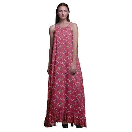 

Bimba Pink Bird Floral & Paradise Whydah Printed Long Maxi Dress For Women Rayon Nightgown Spaghetti Strap Ladies Sleepwear XX-Large