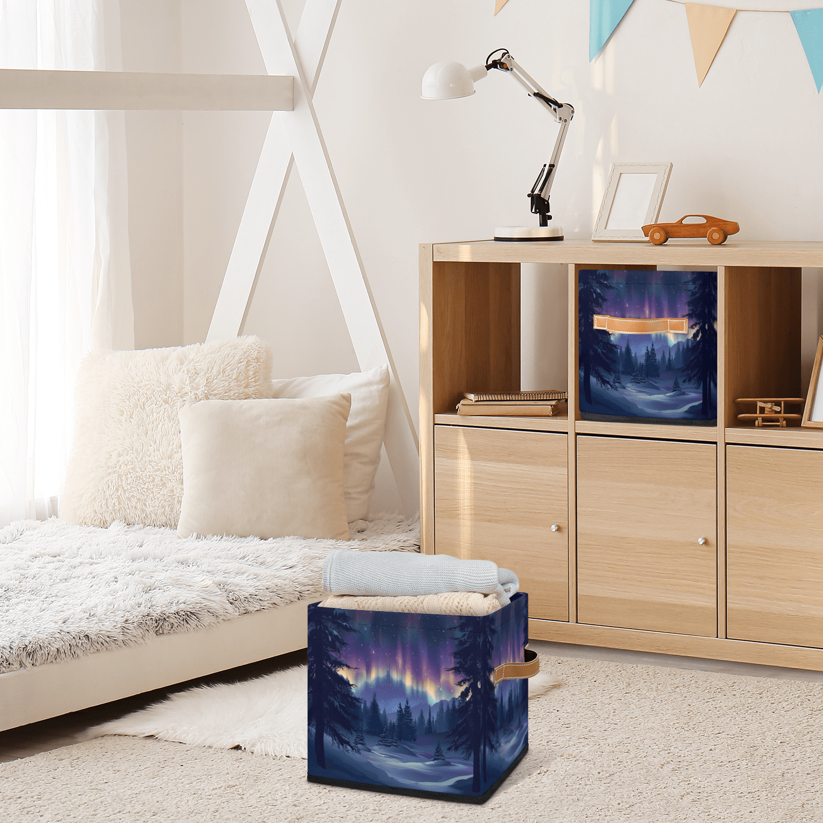 CURLYOOT Northern Lights 11 x 11 Inch Cube Storage Bin, Fabric Storage Cube Foldable Basket with Leather Handles, Organizer Basket for Closet Shelves