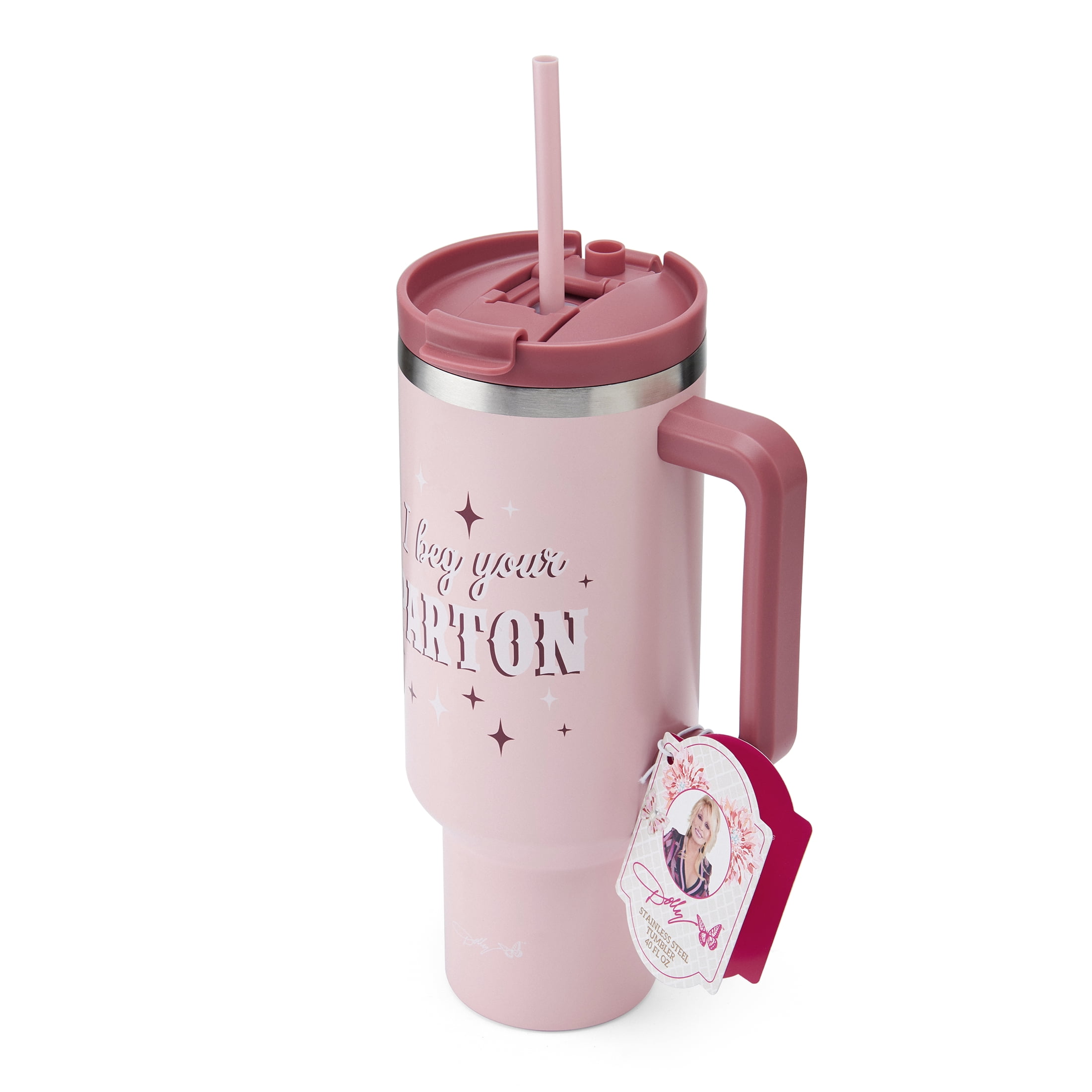 Dolly Parton 40 oz Stainless Steel Tumbler with Handle, Pink