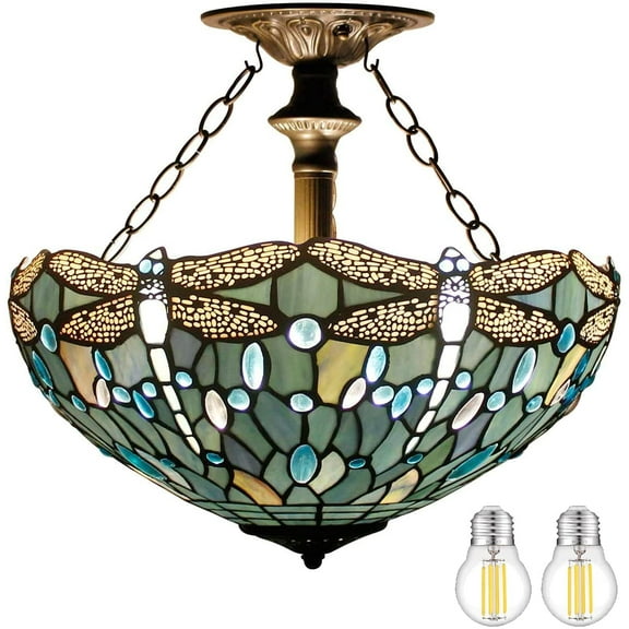 Tiffany Ceiling Light Fixture Semi Flush Mount 16" Sea Blue Stained Glass Dragonfly Shade Close to Dome Island Boho Hanging Lamp Decor Bedroom Kitchen Dining Living Room Entry Foyer Hallway WERFACTORY
