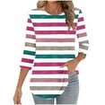 thumbnail image 7 of Riecok Womens 3/4 Sleeve T Shirts Crewneck Striped Printed Tunic Tops Casual Basic Pleated Blouses Watermelon Red XL, 7 of 7