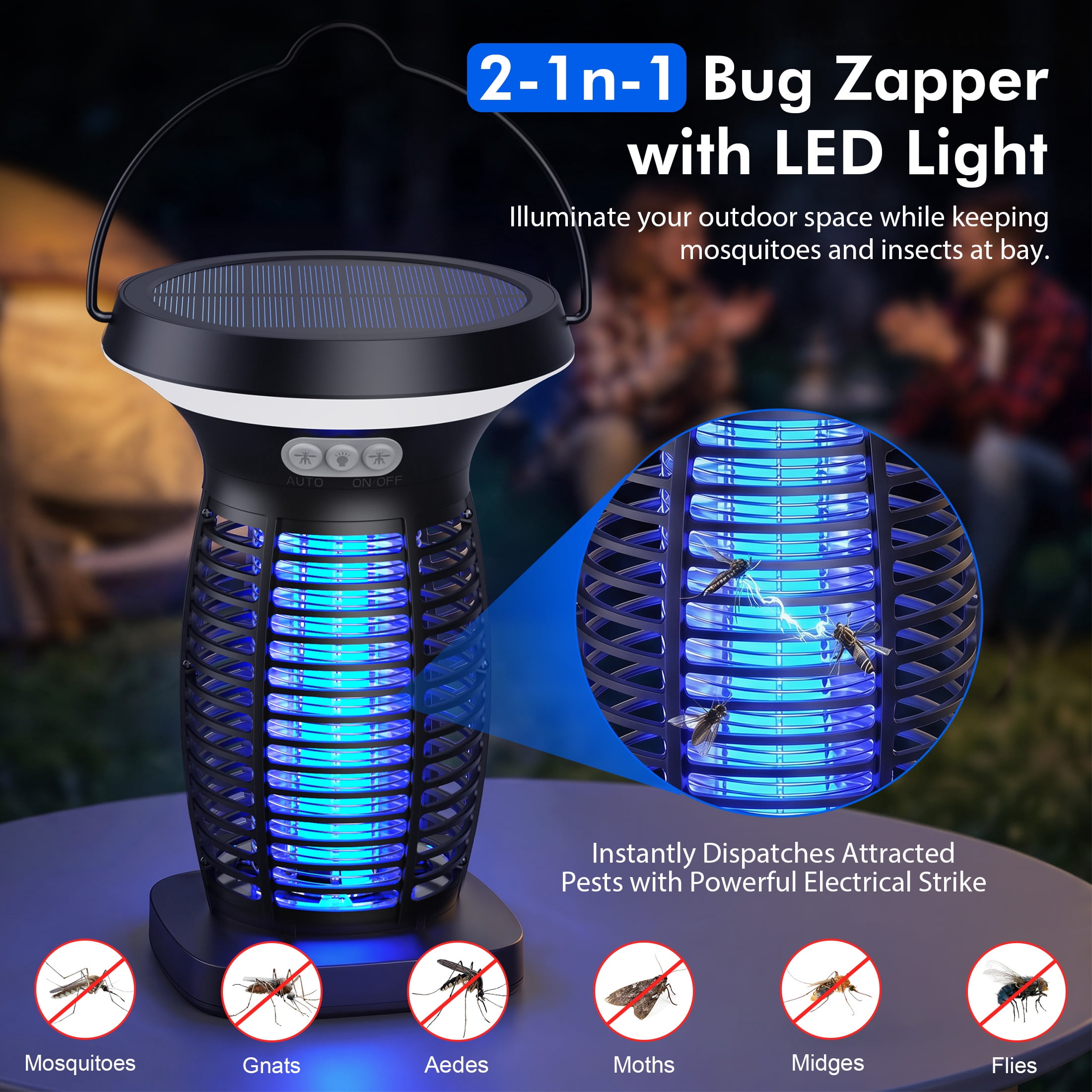 Aenkyo Solar Bug Zapper Outdoor, 4200V Mosquito Killer Lamp, 3-in-1 LED Light, IPX5