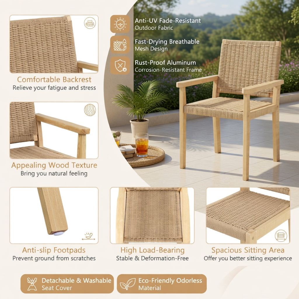 Hommoo Rubber Wood Dining Chairs Set of 2, Indoor & Outdoor Woven Paper Rope Chairs, Ideal for Patio, Balcony, Living Room & Kitchen, Natural